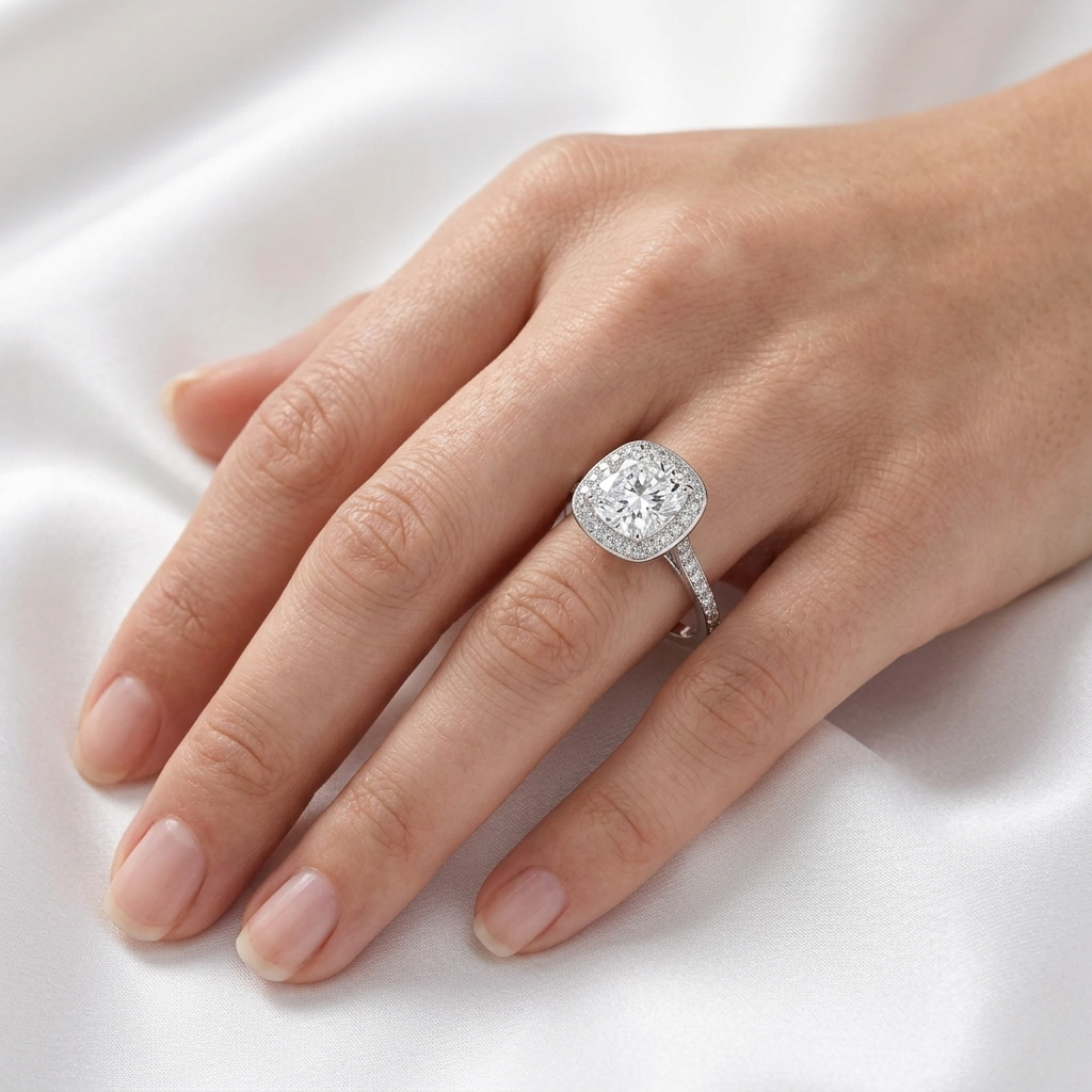 Cushion Cut Lab Grown Diamond Halo Ring with Pavé Band