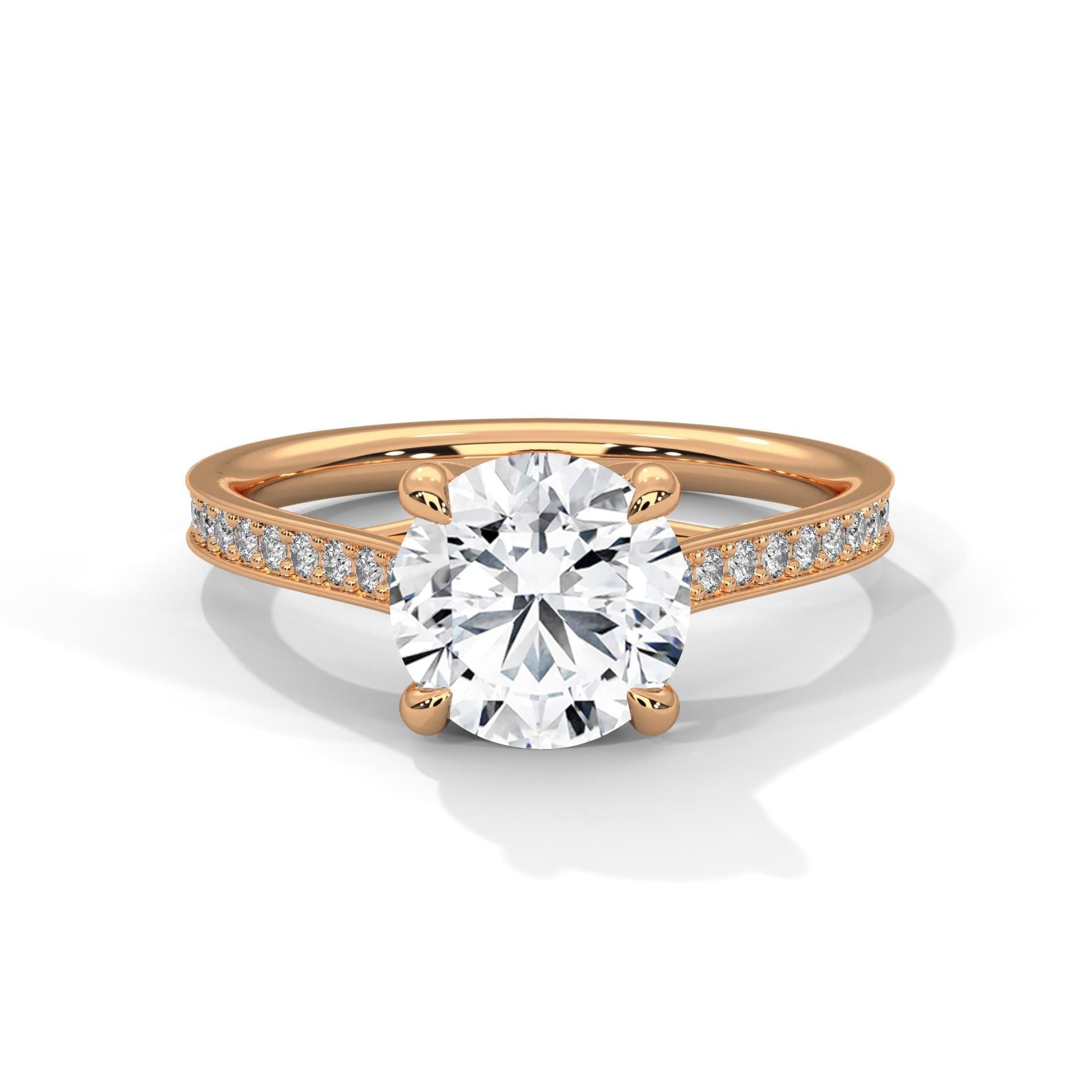 1 to 3 carat round lab diamond pave cathedral solitaire ring in rose gold