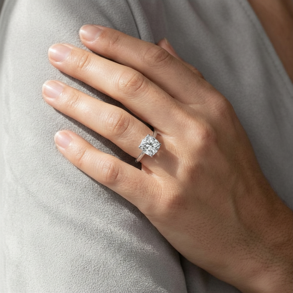 Cushion Cut Lab Grown Diamond Cathedral Solitaire Ring | E VS1 | 14K 18K Gold