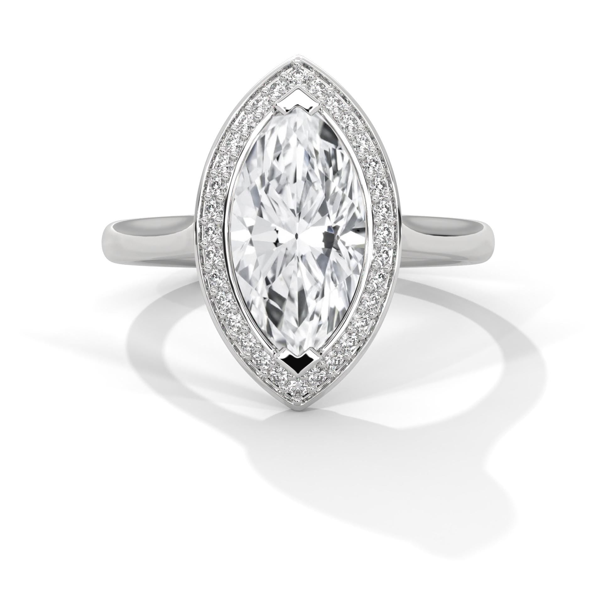 Colorless marquise cut lab diamond halo ring in white gold