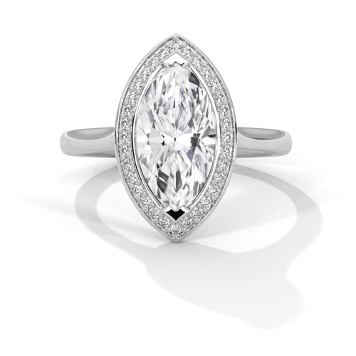 Colorless marquise cut lab diamond halo ring in white gold