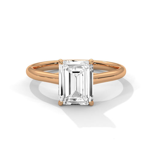 Emerald cut lab grown diamond cathedral solitaire ring in rose gold
