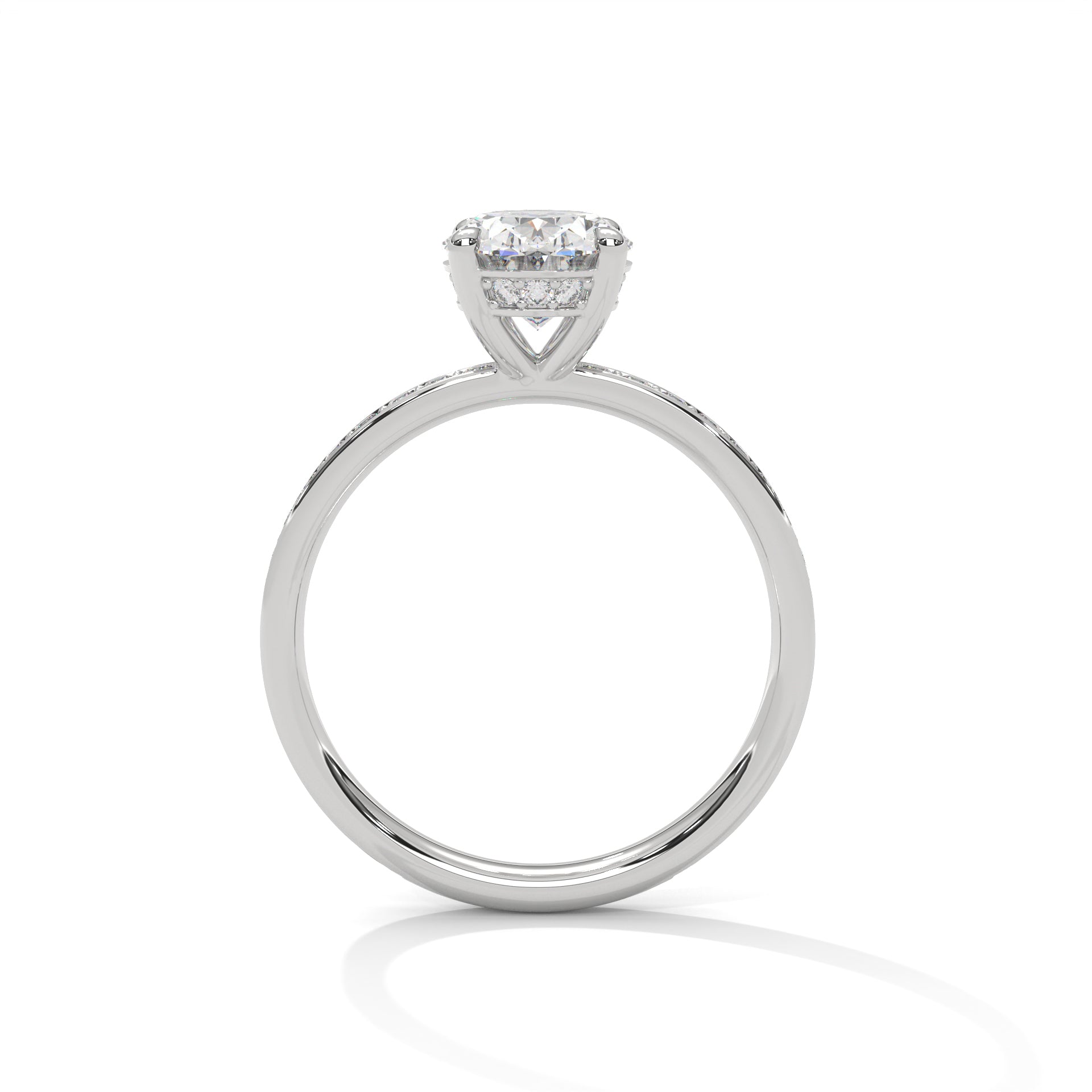 Oval hidden halo micropavé engagement ring in white gold, front-facing view showing center stone