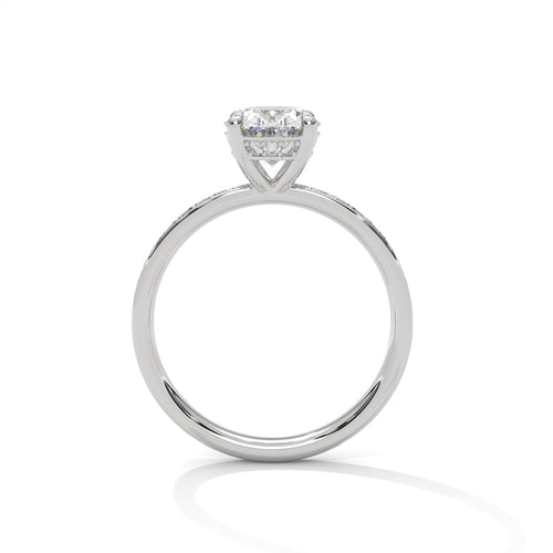 Oval hidden halo micropavé engagement ring in white gold, front-facing view showing center stone