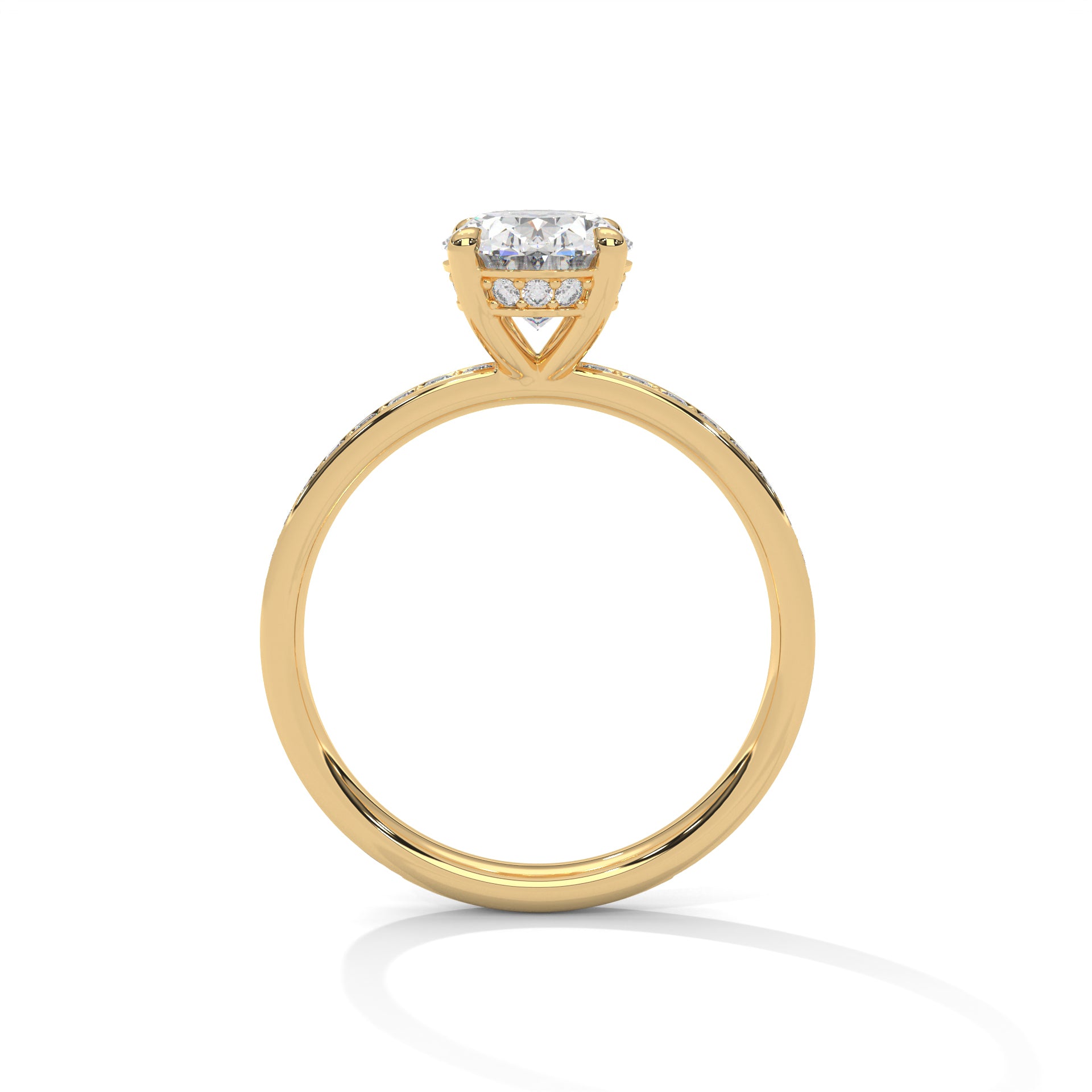 Oval hidden halo micropavé engagement ring in yellow gold, top view showing oval stone and micropavé setting