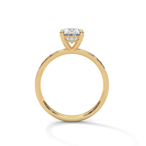 Oval hidden halo micropavé engagement ring in yellow gold, top view showing oval stone and micropavé setting