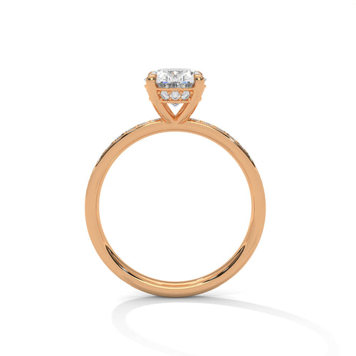 Oval hidden halo micropavé engagement ring in rose gold, front view showing center stone and hidden halo