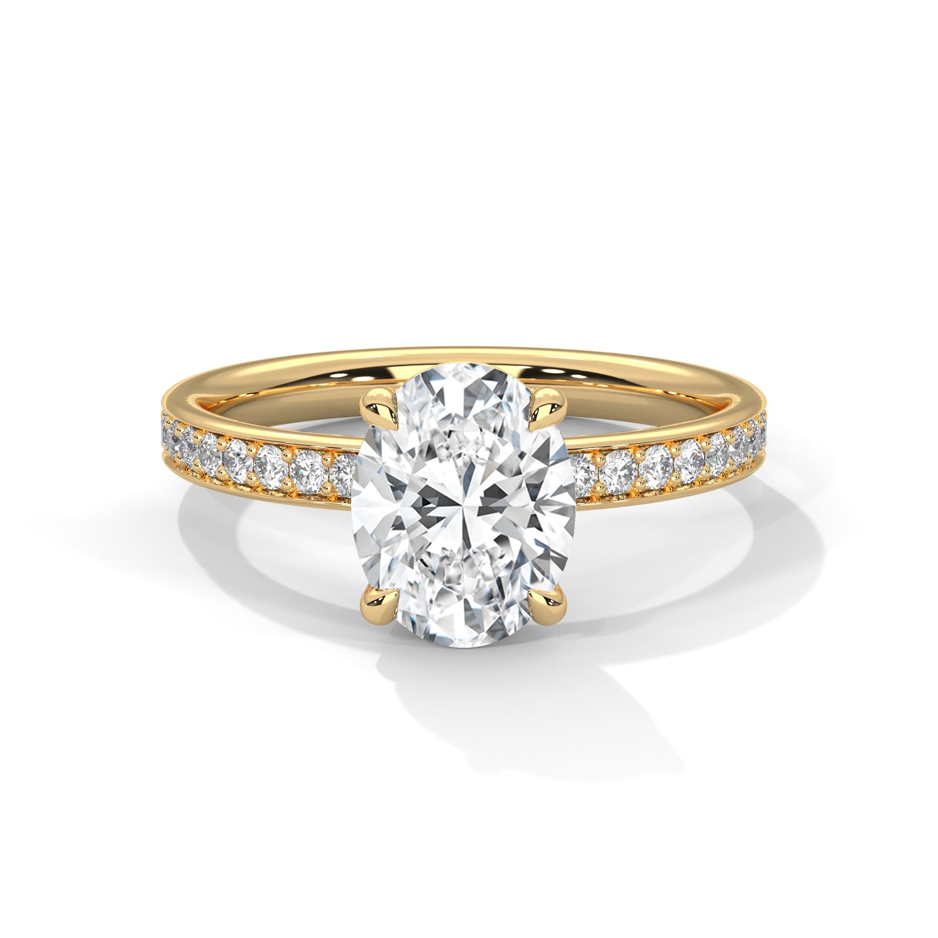 Oval hidden halo micropavé engagement ring in yellow gold, angled front view showing center stone