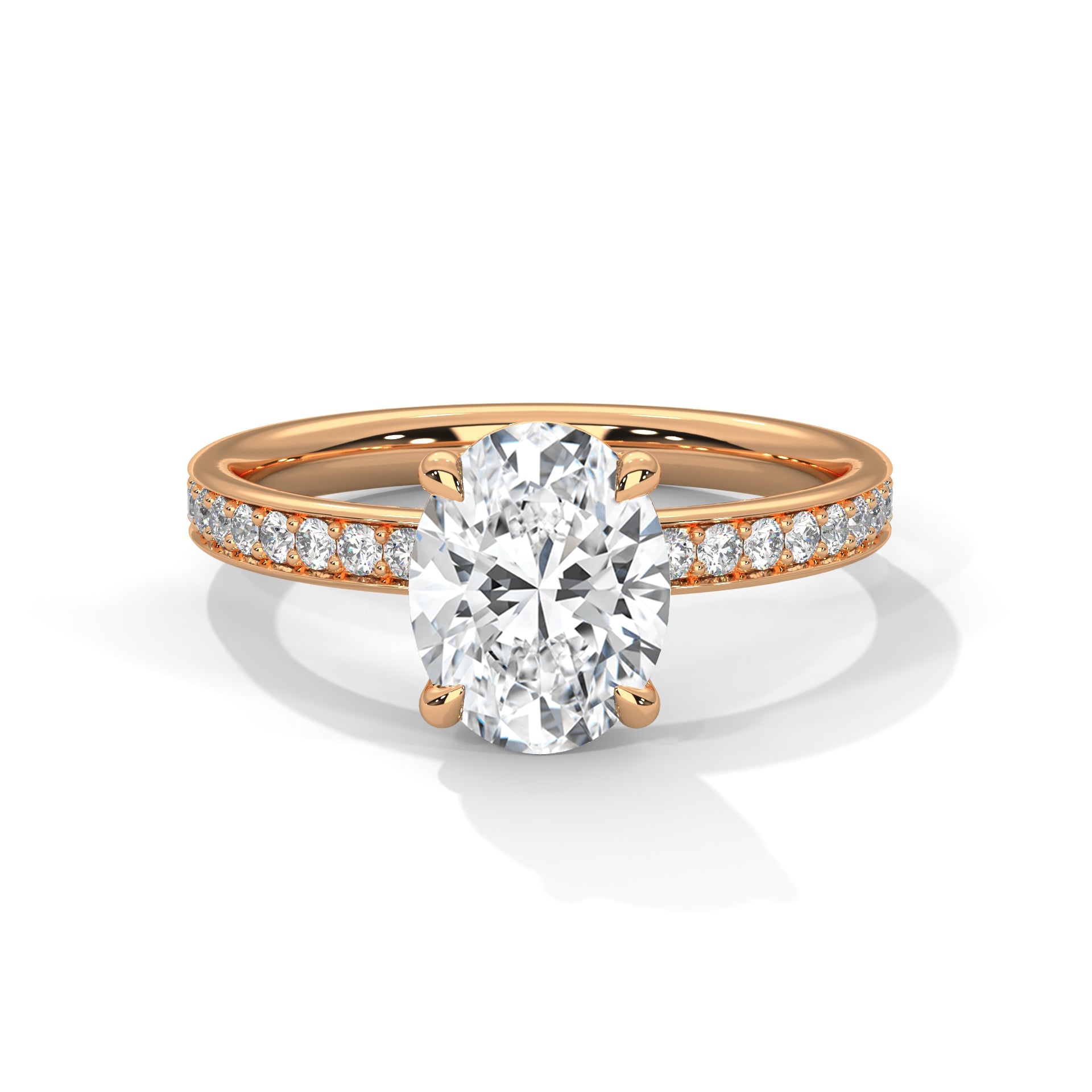 Oval hidden halo micropavé engagement ring in rose gold, three-quarter view showing pavé band detail