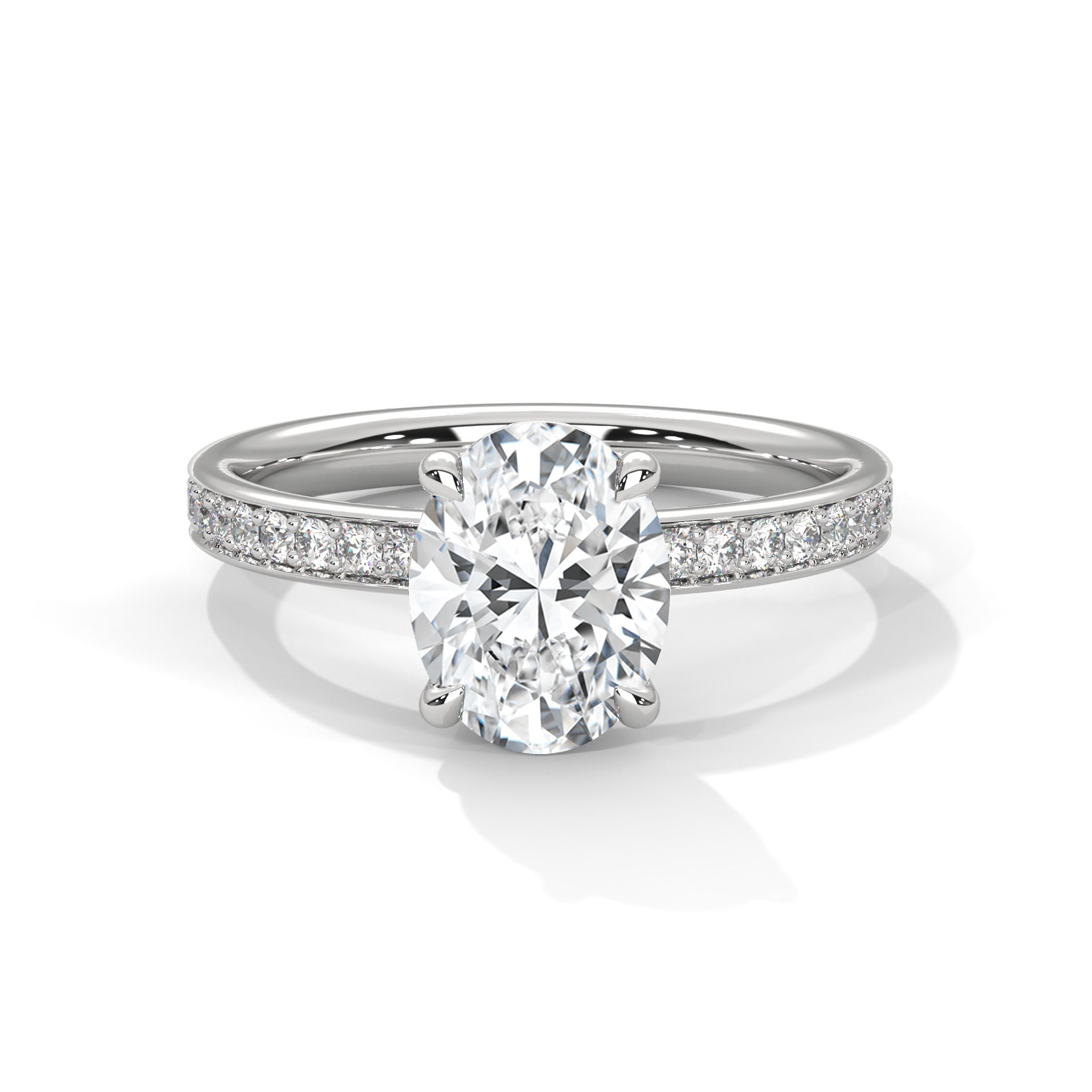 Oval hidden halo micropavé engagement ring in white gold, side profile view showing full pavé band