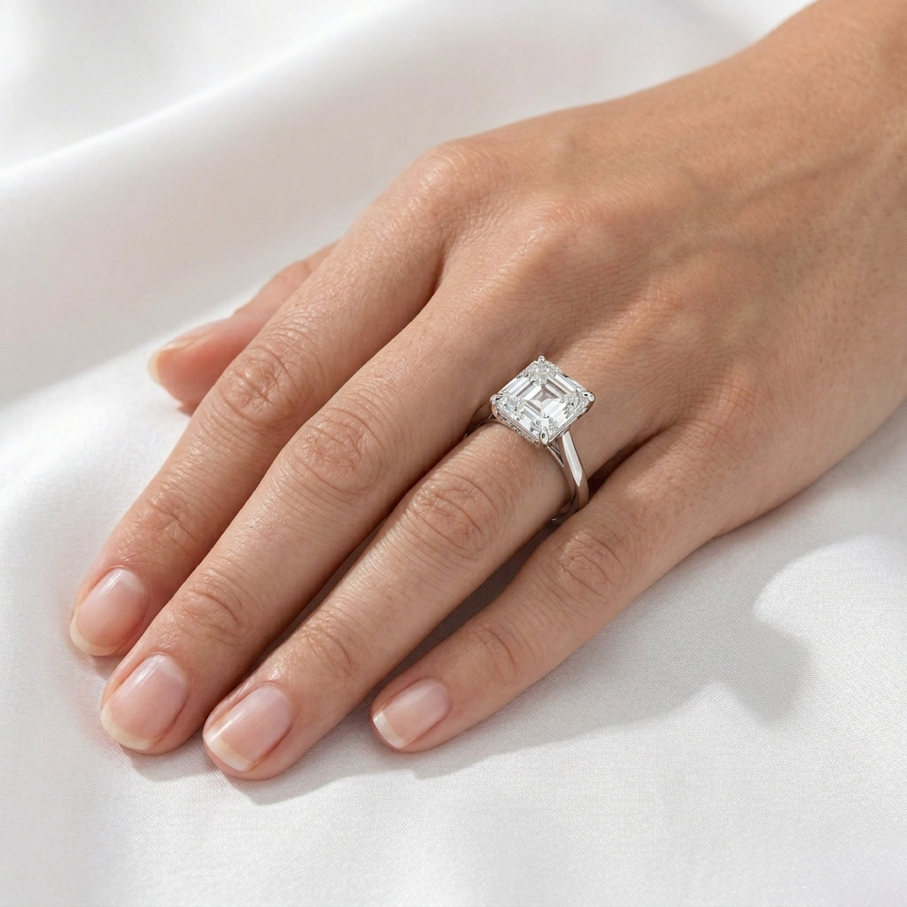 Asscher Cut Lab Grown Diamond Cathedral Solitaire Ring