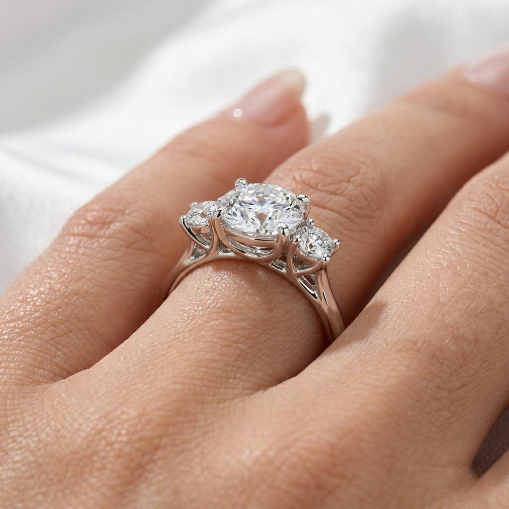 Three-Stone Lab Grown Diamond Engagement Ring in Solid Gold