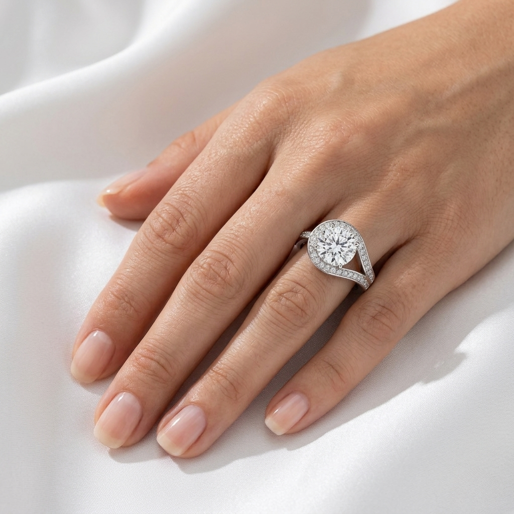 Round brilliant bypass split halo engagement ring in white gold worn on hand, close-up finger view