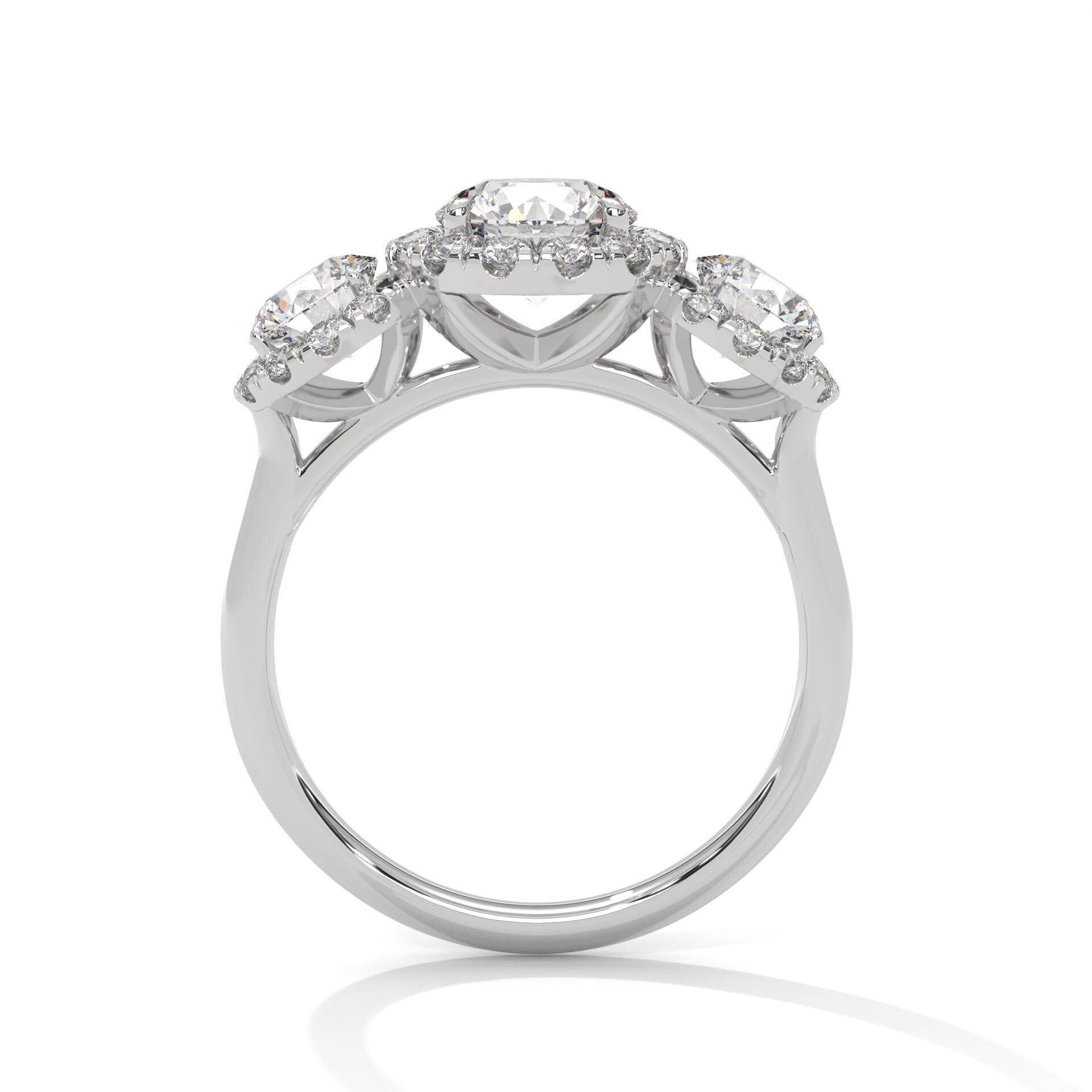 White gold three-stone halo solitaire with high-profile cathedral setting