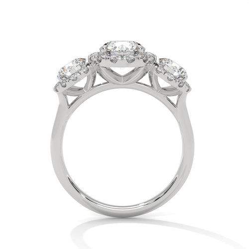 White gold three-stone halo solitaire with high-profile cathedral setting