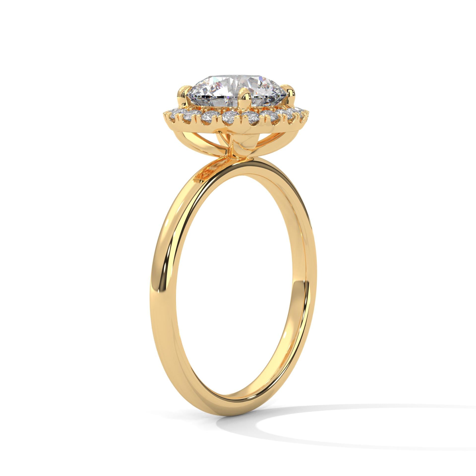 Elevated yellow gold 4-prong halo mount for round brilliant diamond