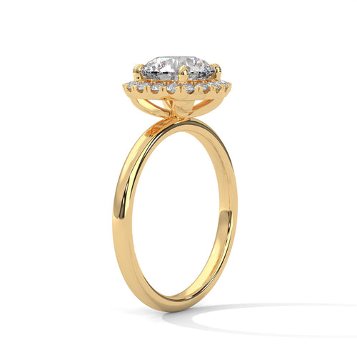 Elevated yellow gold 4-prong halo mount for round brilliant diamond