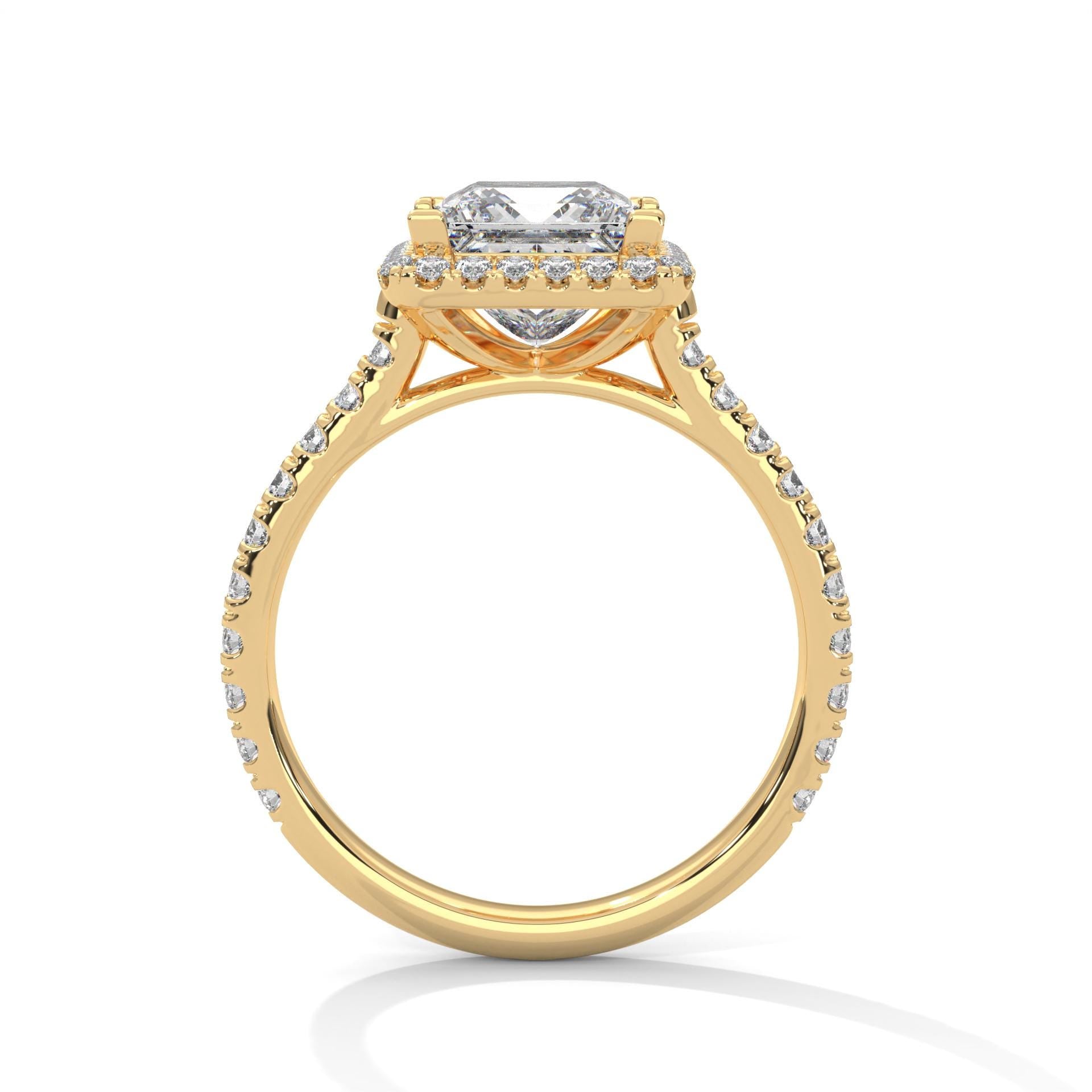 Yellow gold princess halo solitaire with hand-set micro-pavé diamonds