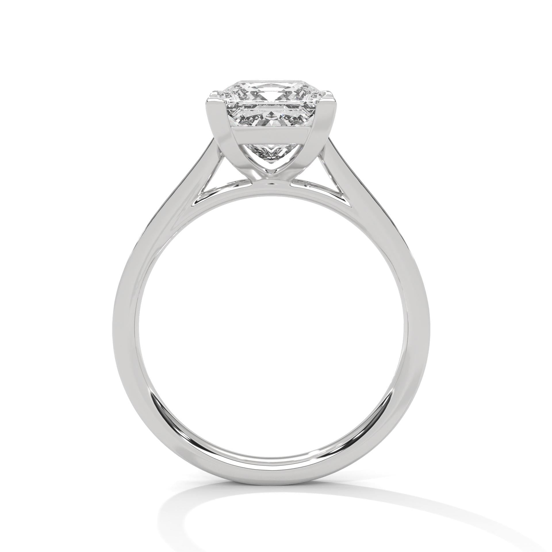Underside view of white gold cathedral mount for princess diamond