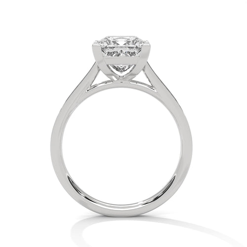 Underside view of white gold cathedral mount for princess diamond