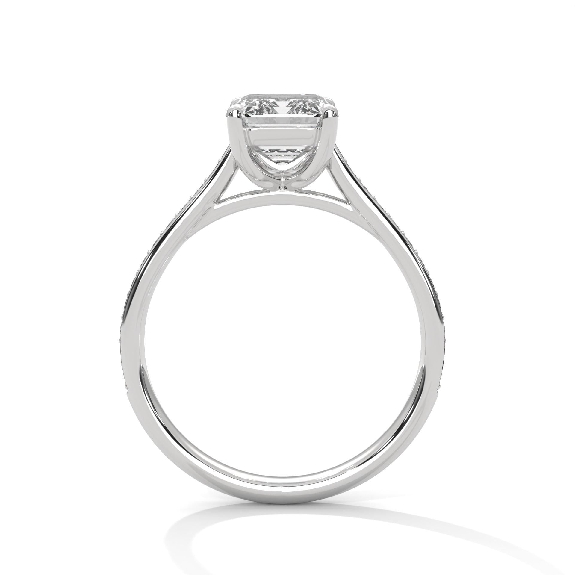 White gold emerald pave solitaire with hand-set micro-pavé diamonds
