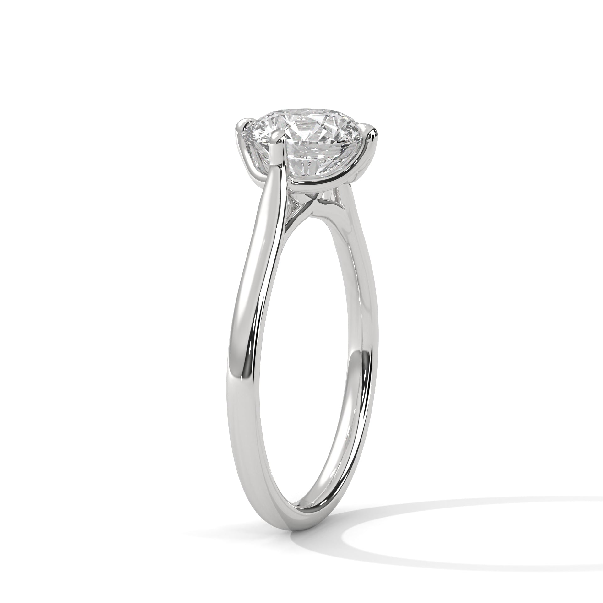High-profile six-prong cathedral solitaire setting side view in polished white gold.