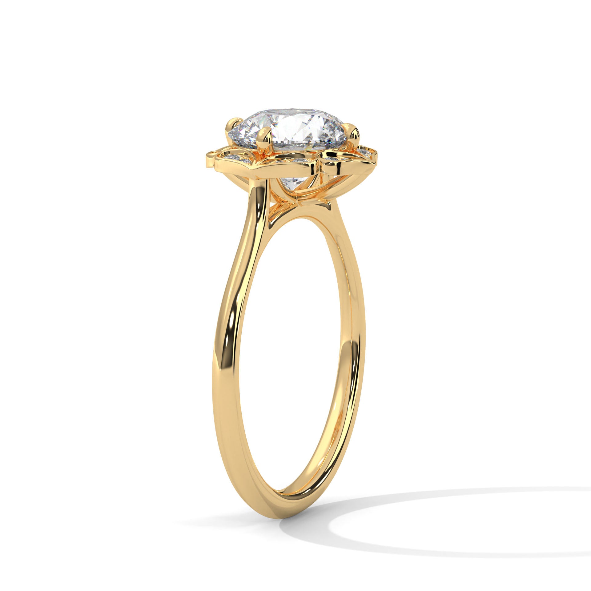 Angled perspective of a floral halo diamond ring in yellow gold showcasing the geometric silhouette.