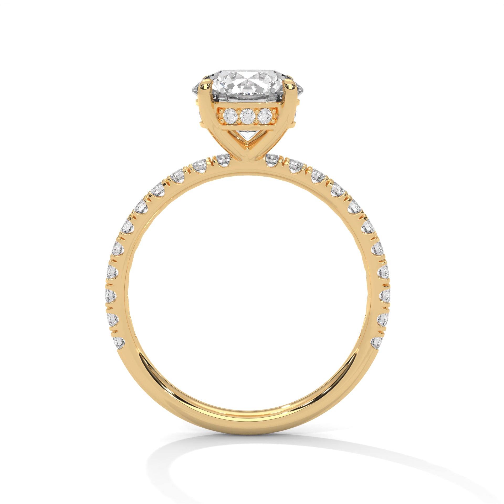 Round brilliant hidden halo pavé engagement ring in yellow gold, front view