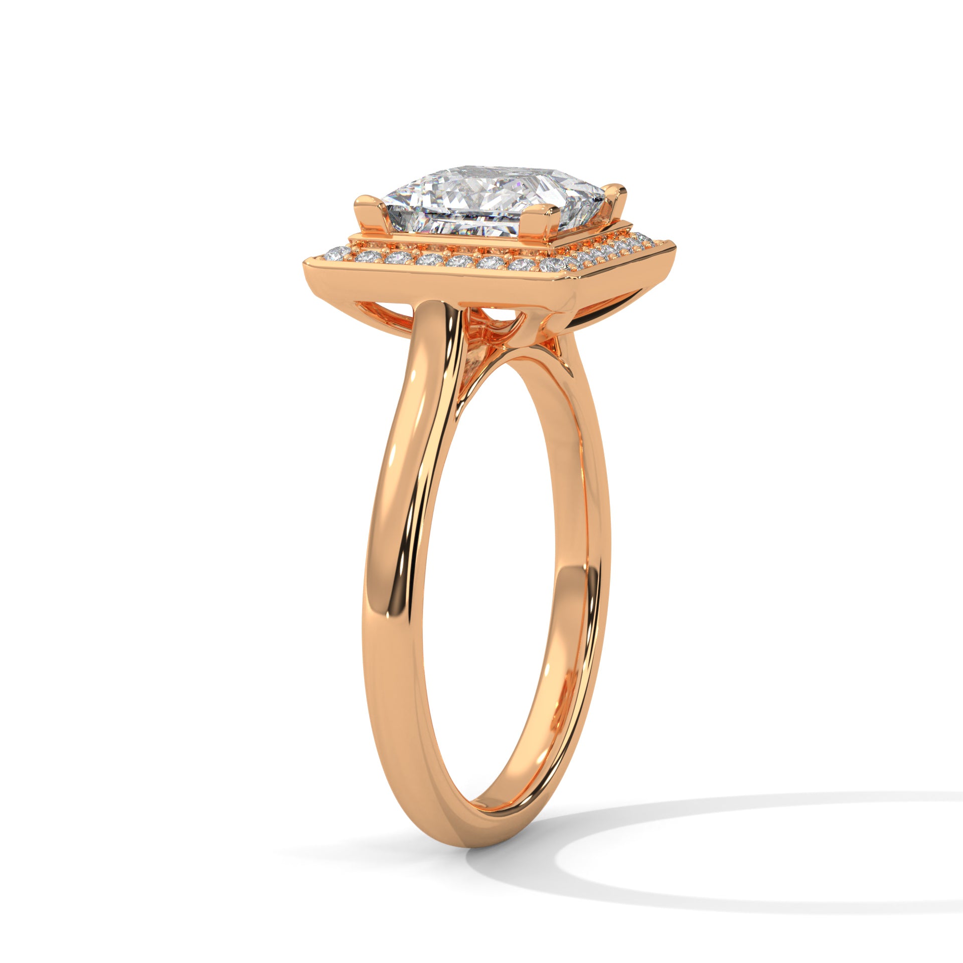Princess cut elevated square halo engagement ring in rose gold, side profile view showing tiered platform and plain band