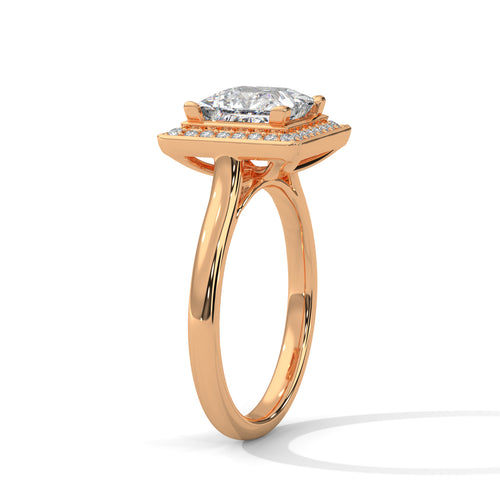 Princess cut elevated square halo engagement ring in rose gold, side profile view showing tiered platform and plain band