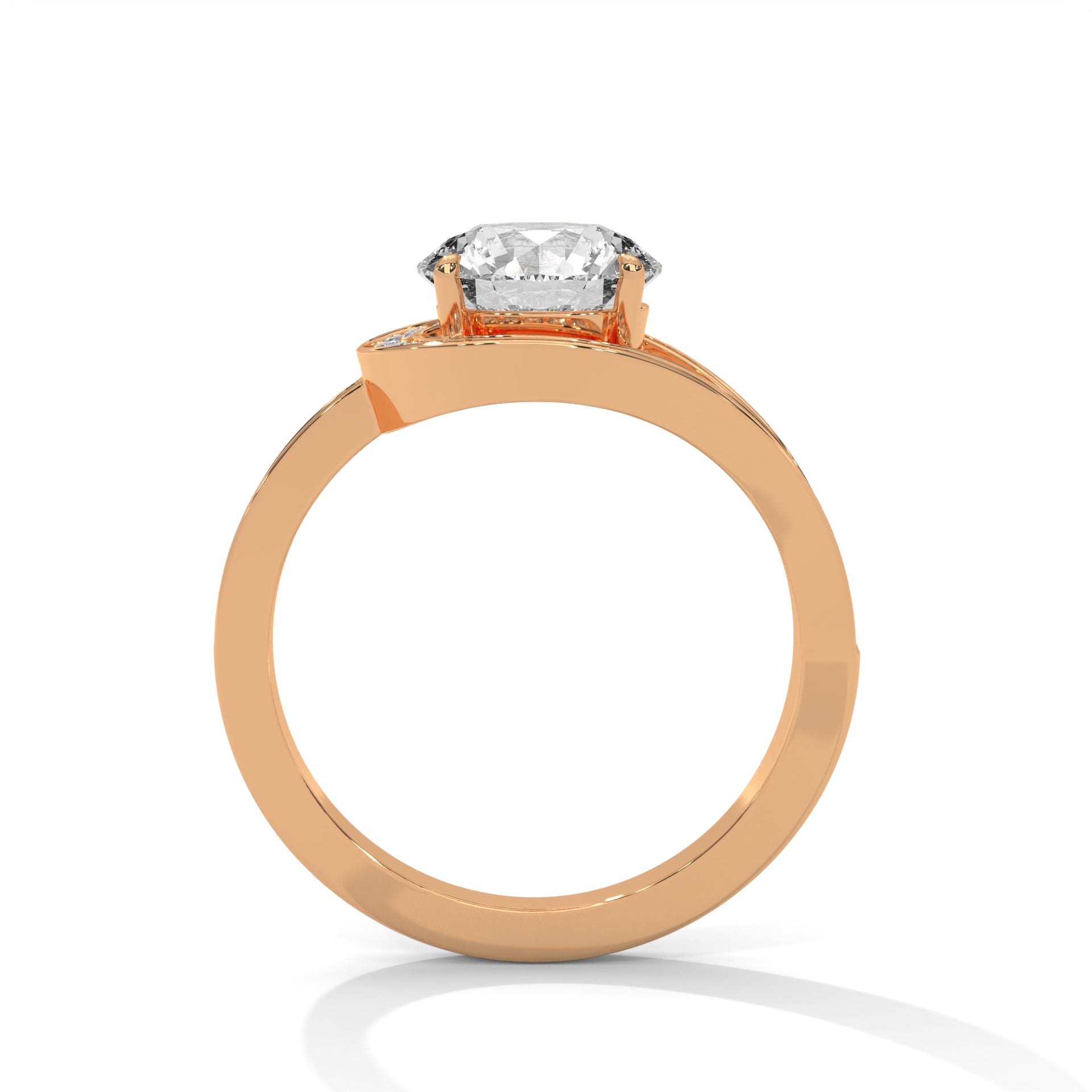 Round brilliant bypass split halo engagement ring in rose gold, front view showing round brilliant center stone and bypass halo