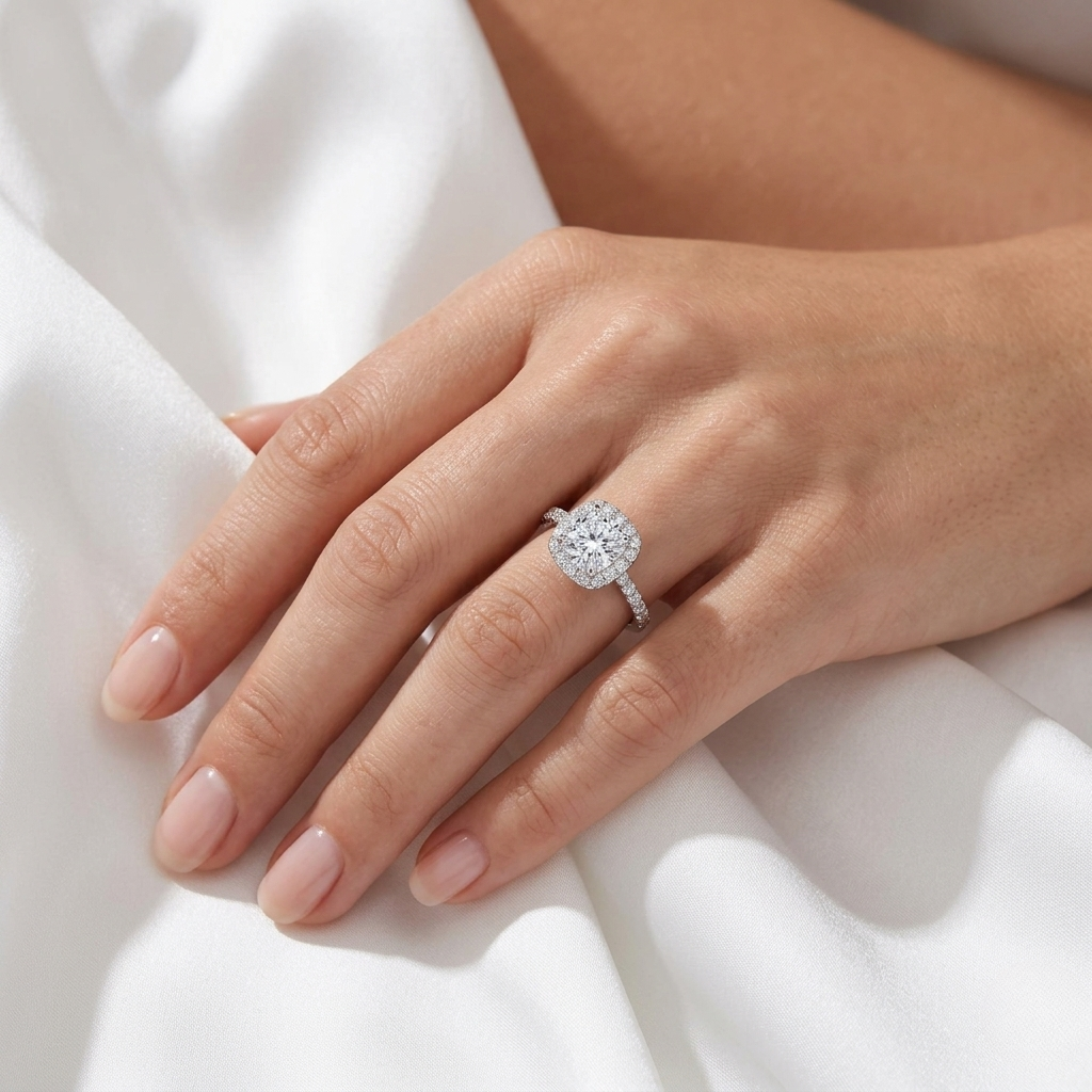 Cushion Cut Lab Grown Diamond Pavé Halo Ring | E VS1 | 14K 18K Gold | 1-3ct