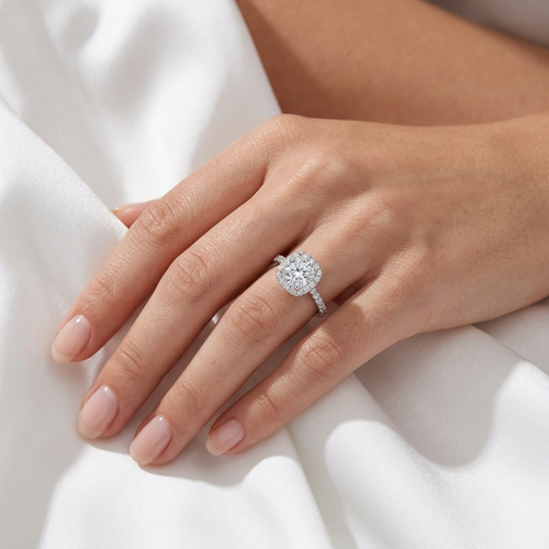 Cushion Cut Lab Grown Diamond Pavé Halo Ring | E VS1 | 14K 18K Gold | 1-3ct