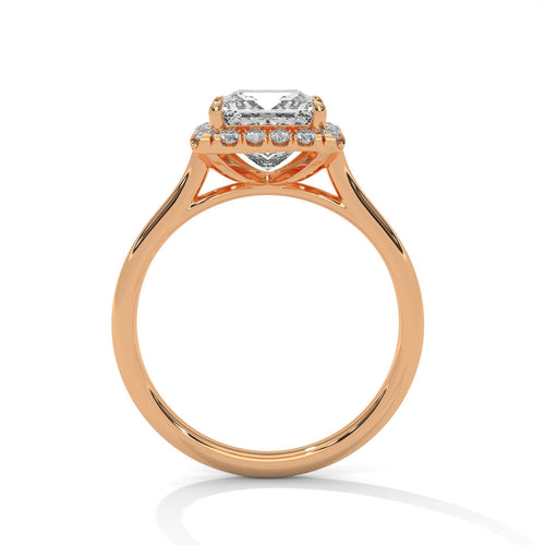 Rose gold princess halo solitaire with secure corner-protecting prongs.