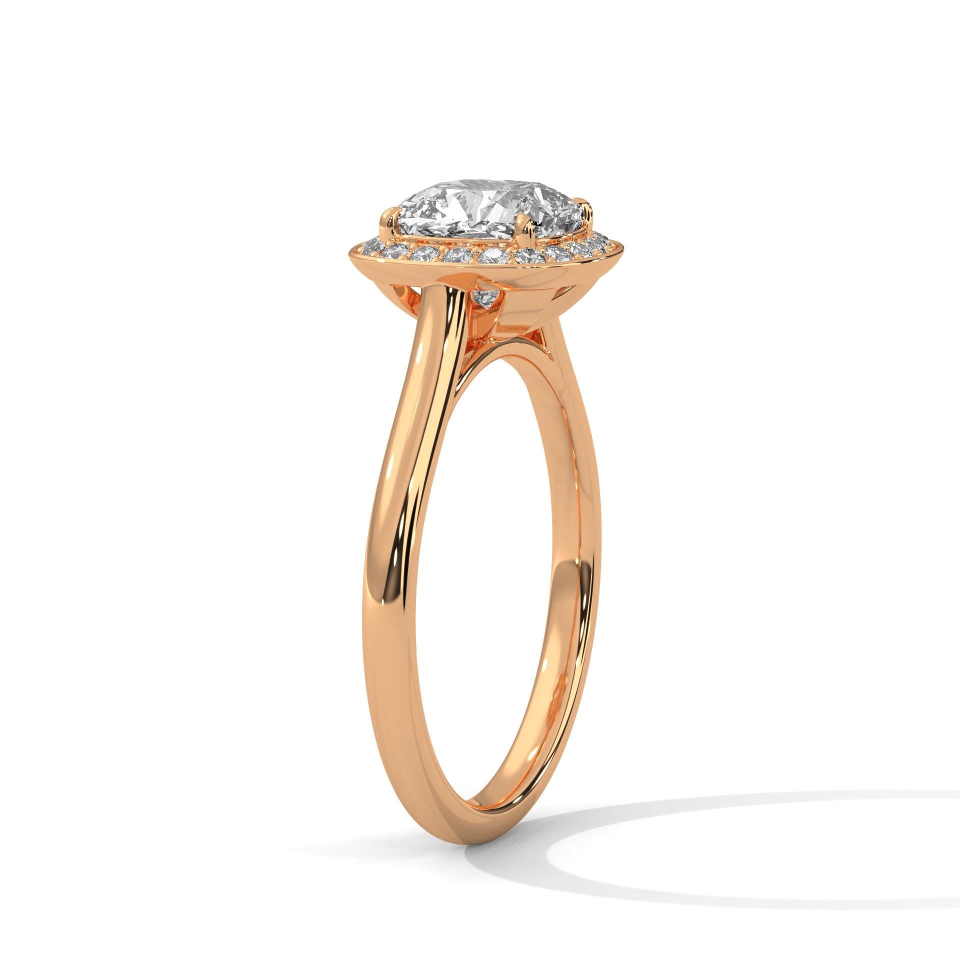 Yellow gold cushion lab diamond halo solitaire with high-polish shank