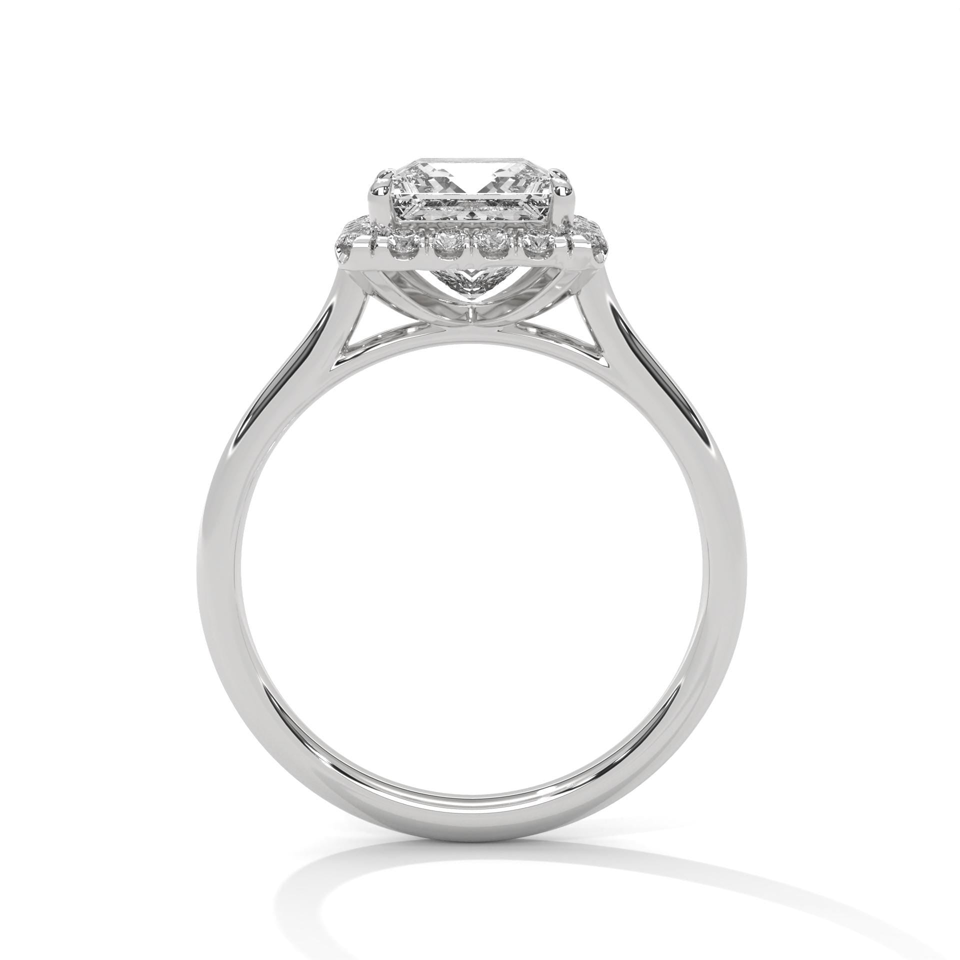 Side view of white gold princess halo engagement ring with high-polish shank