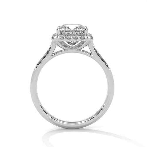 Side view of white gold princess halo engagement ring with high-polish shank