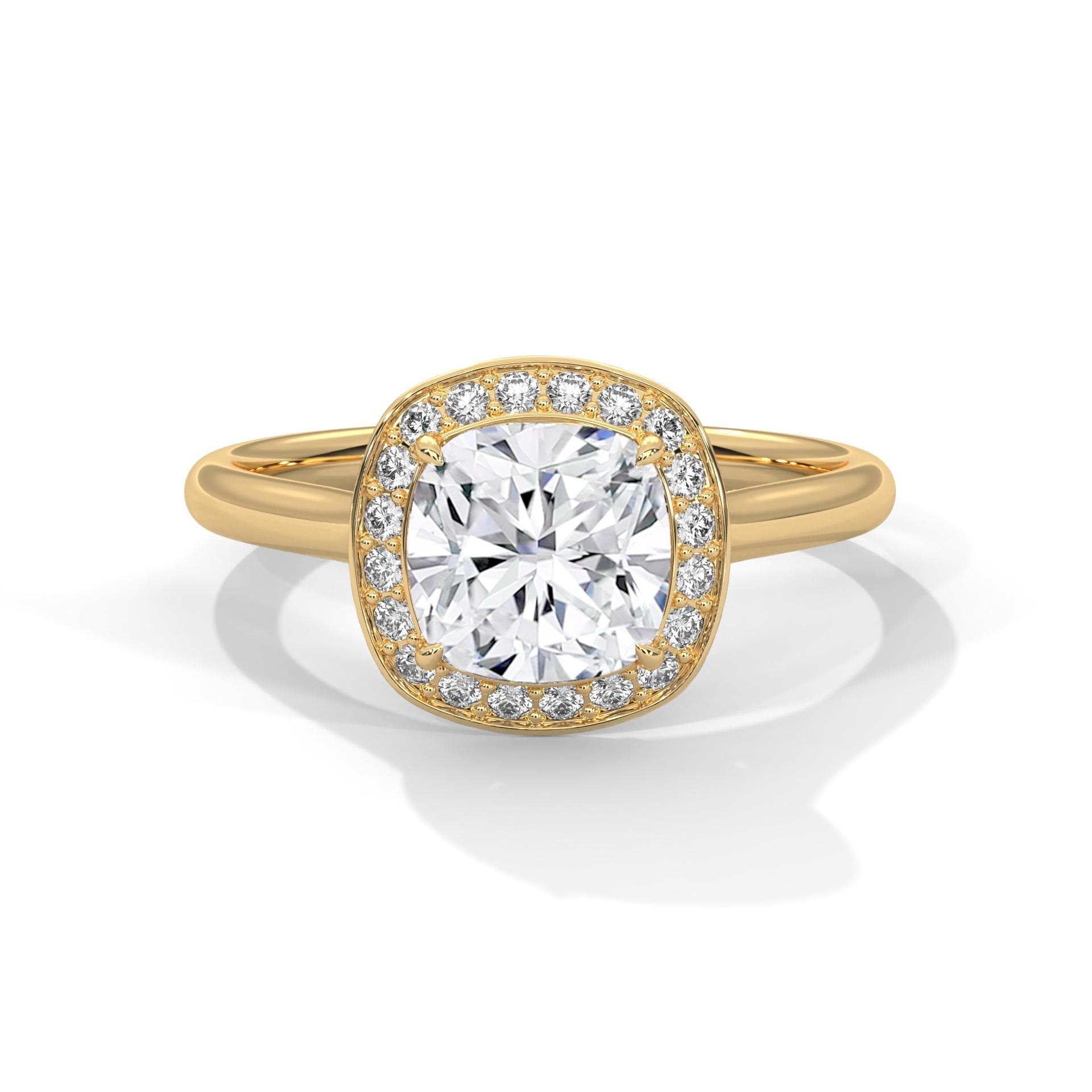 Rose gold cushion lab diamond halo ring with polished solid gold band