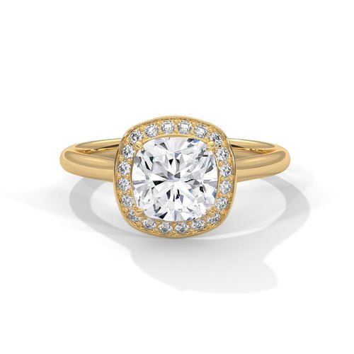 Rose gold cushion lab diamond halo ring with polished solid gold band