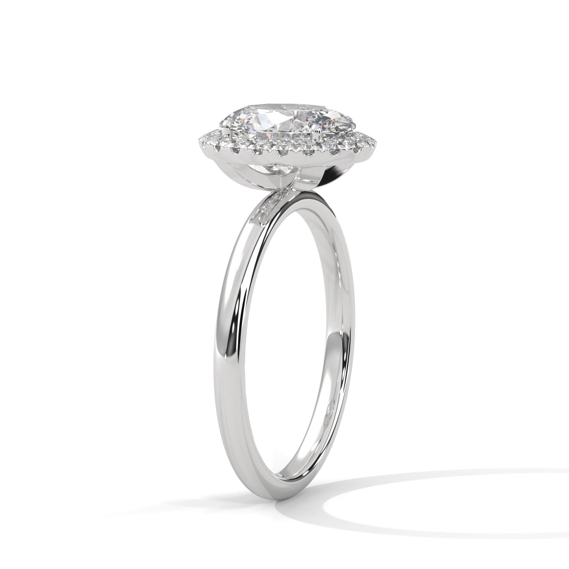 Elevated white gold 4-prong halo mount for oval brilliant diamond