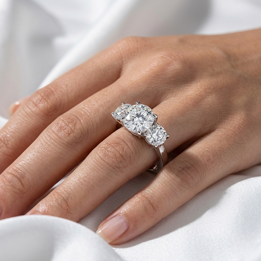 Round brilliant three-stone trilogy engagement ring in white gold worn on hand, close-up finger view
