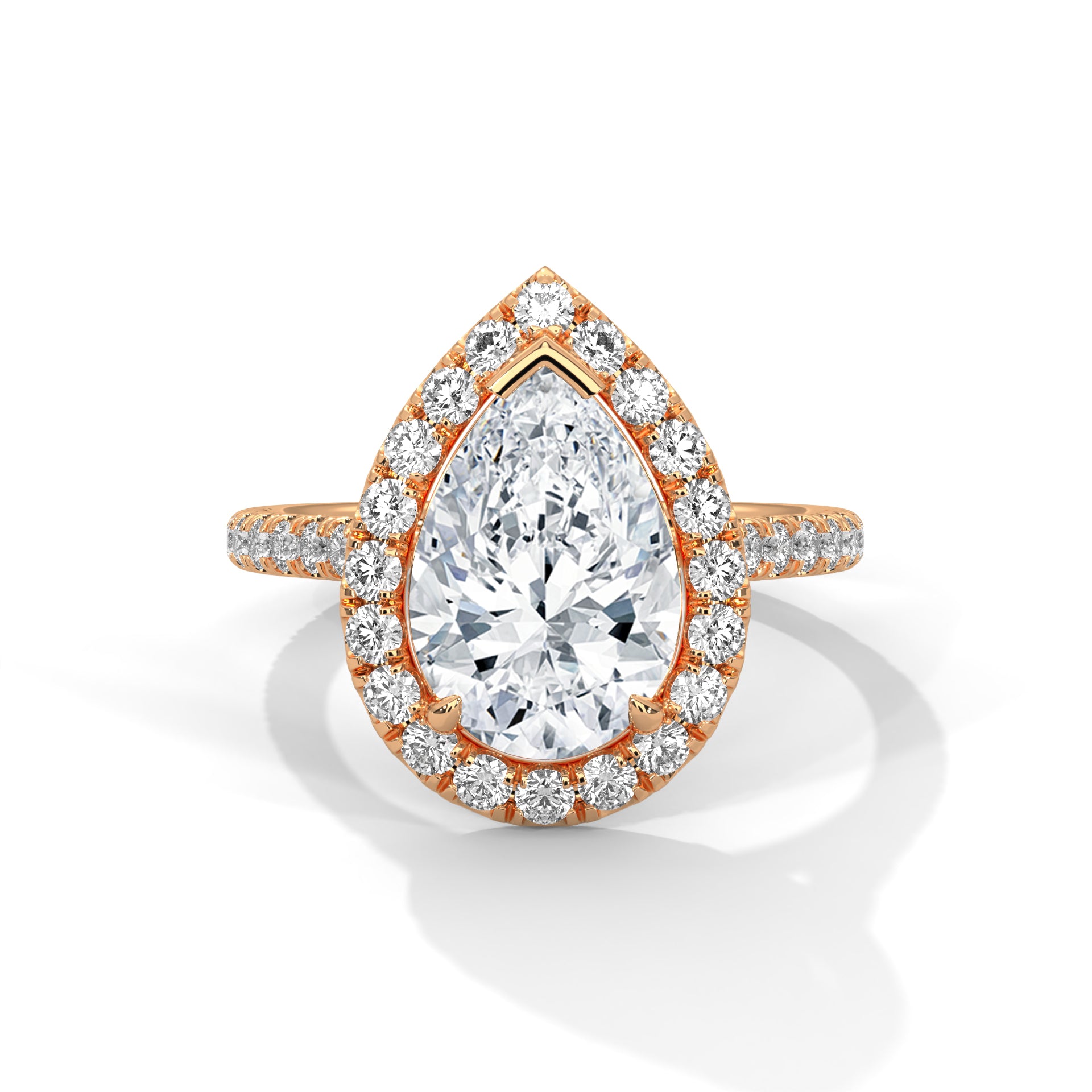 Pear cut bezel-edge floating halo engagement ring in rose gold, front view showing pear center stone and bezel-edge floating halo