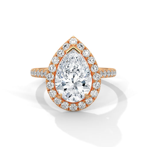 Pear cut bezel-edge floating halo engagement ring in rose gold, front view showing pear center stone and bezel-edge floating halo