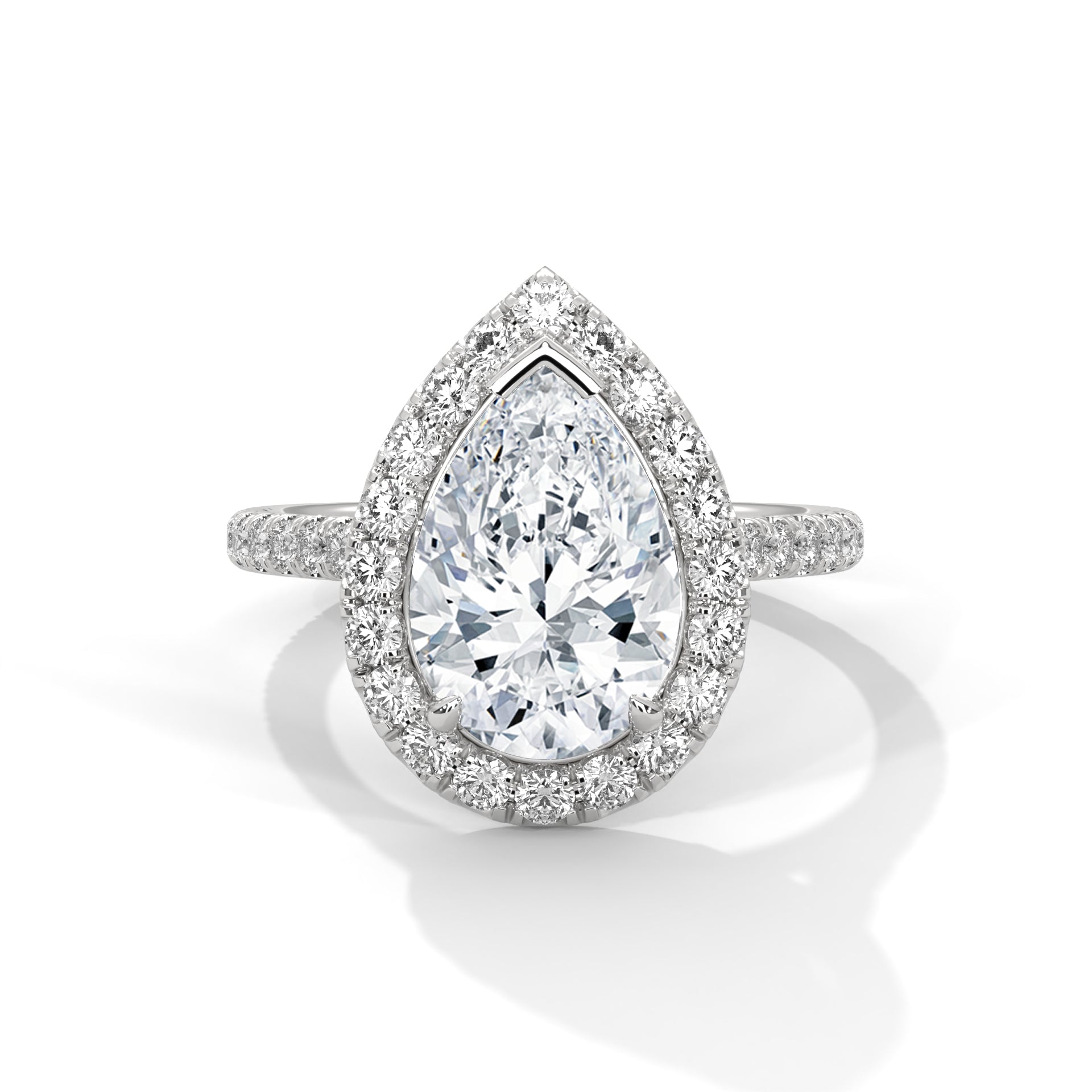 Pear cut bezel-edge floating halo engagement ring in white gold, front-facing view showing pear center stone and floating halo