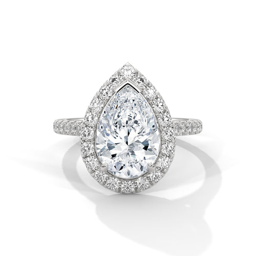 Pear cut bezel-edge floating halo engagement ring in white gold, front-facing view showing pear center stone and floating halo