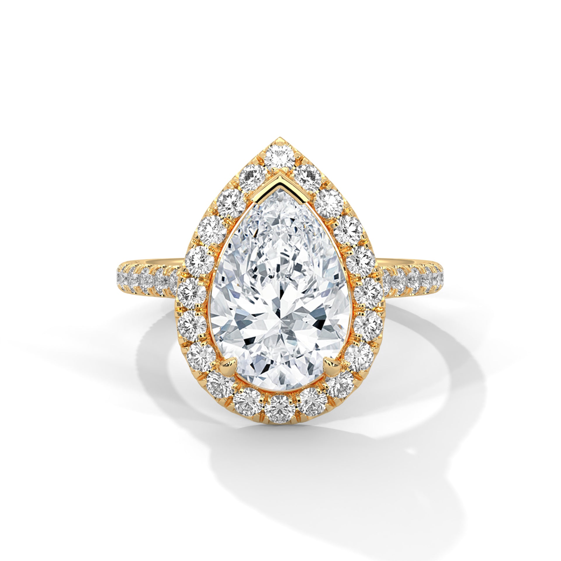 Pear cut bezel-edge floating halo engagement ring in yellow gold, front view showing pear cut center stone and semi-bezel halo setting