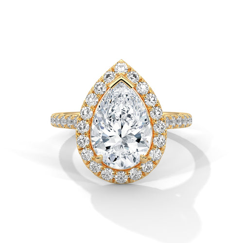 Pear cut bezel-edge floating halo engagement ring in yellow gold, front view showing pear cut center stone and semi-bezel halo setting