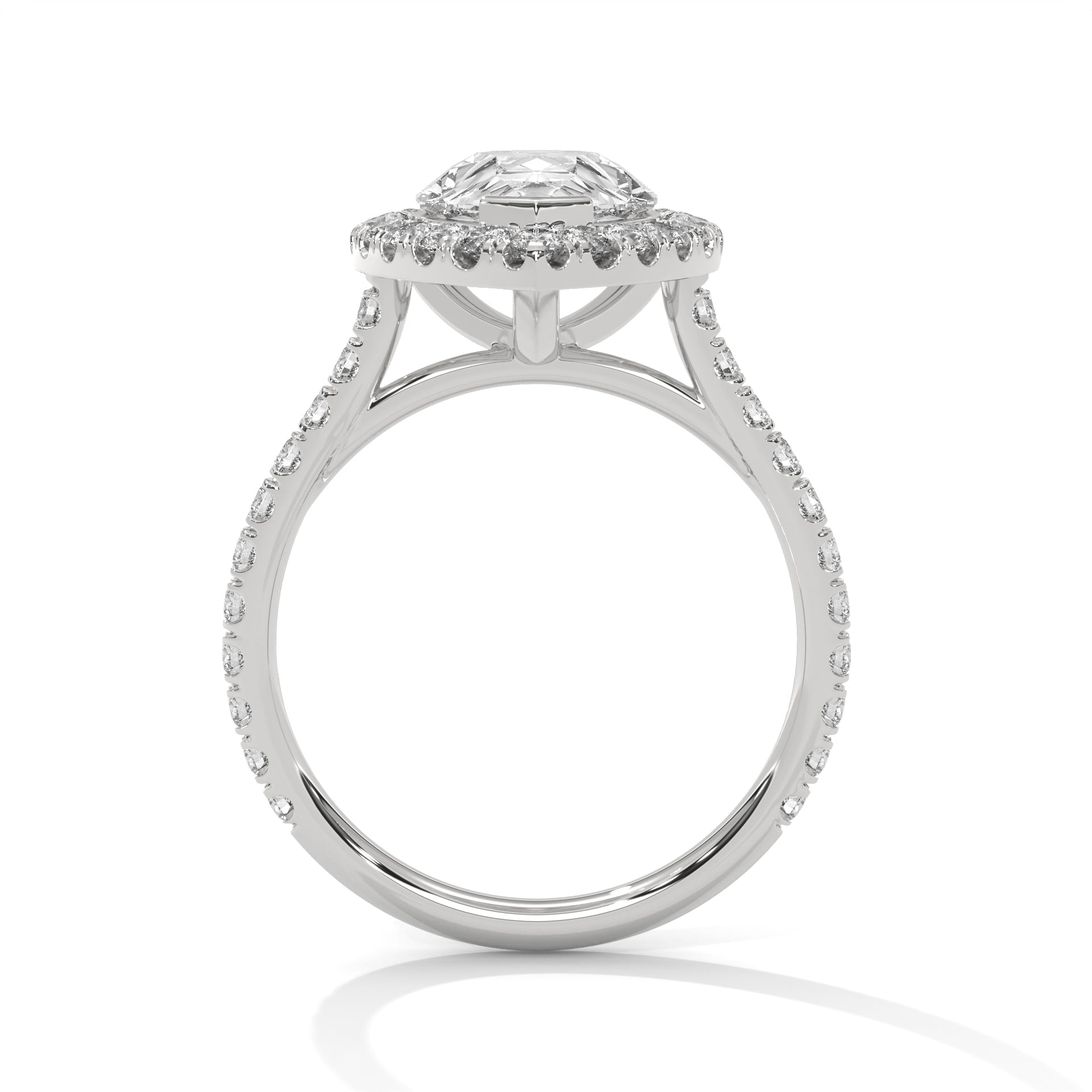 Pear cut bezel-edge floating halo engagement ring in white gold, overhead view of pear brilliant center stone and bezel-edge hal
