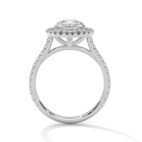 Pear cut bezel-edge floating halo engagement ring in white gold, overhead view of pear brilliant center stone and bezel-edge hal