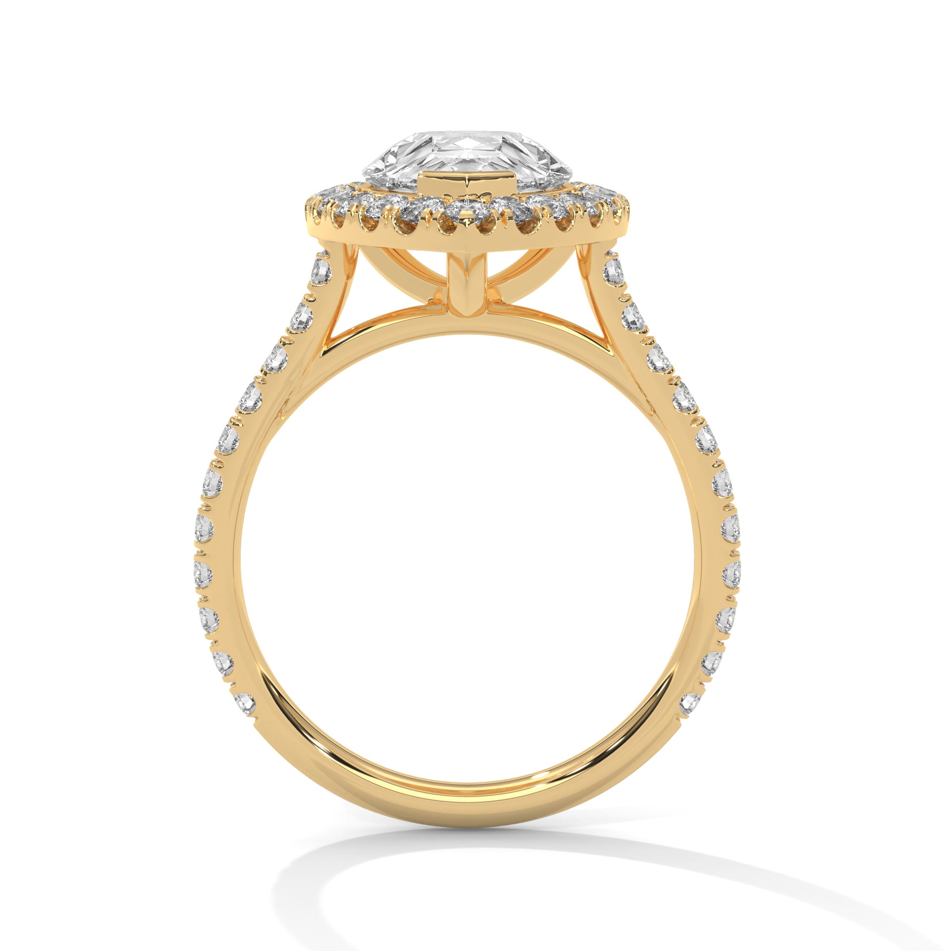Pear cut bezel-edge floating halo engagement ring in yellow gold, side profile view highlighting open cathedral columns and comfort-fit band